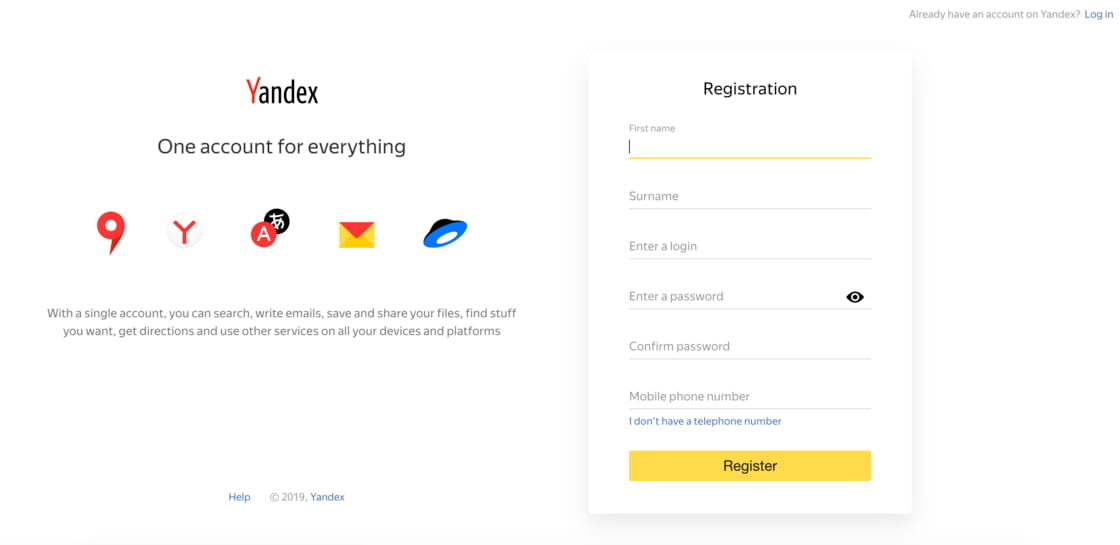 Yandex 注册